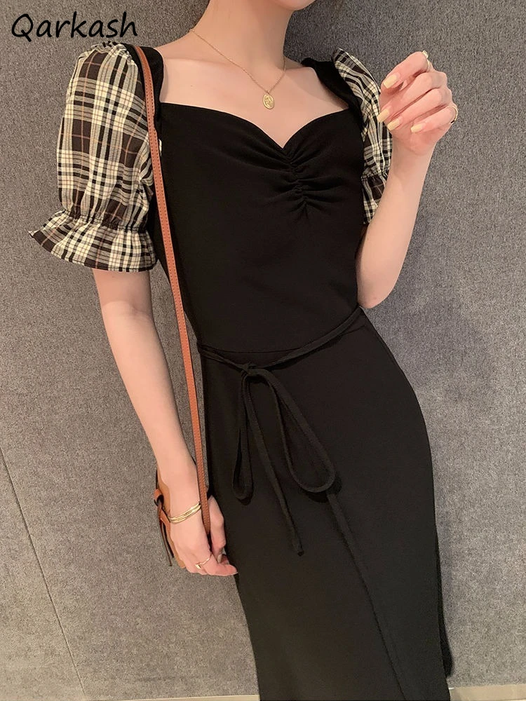 

Short Sleeve Dresses Women Mid Calf High Waist Sexy Vintage Side Slit Korean Style Stylish New Arrival Harajuku Summer Casual