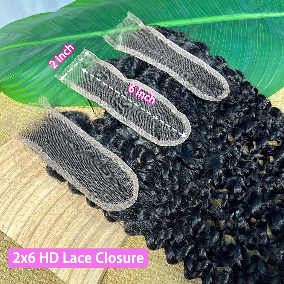 2x6 HD Lace Closure Deep Curly Human Hair Deep Parting Preplucked Bleached Knots Invisible Closure Natural Color For Women