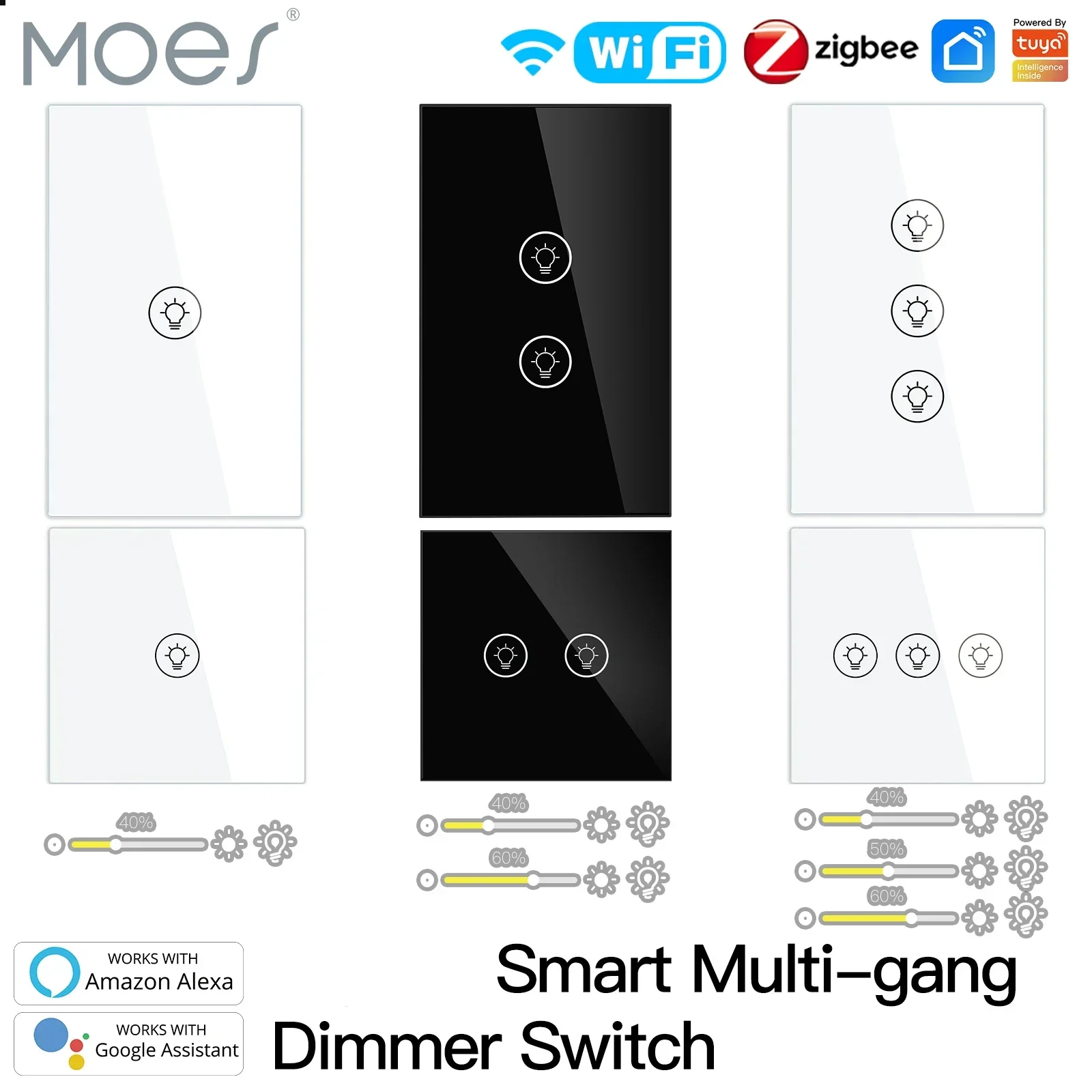 Moes zigbee/wifi Light sakelar peredup Smart Multi-GANG ตัวควบคุมการปรับความสว่าง Tuya APP Alexa Google Home Voice Control 1