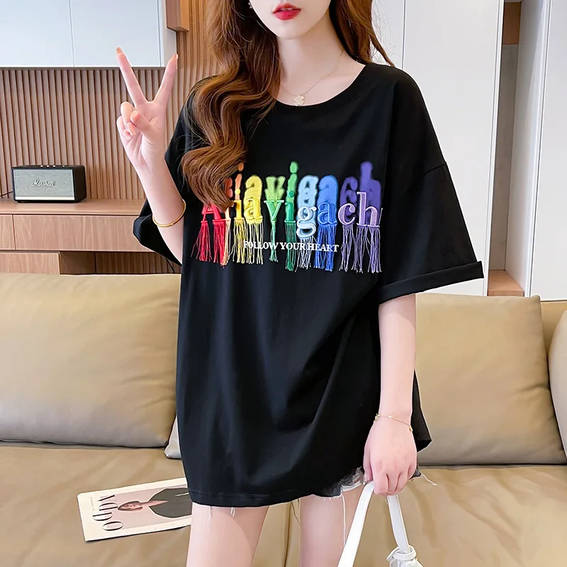 

2023 Summer New Product Korean Version 100% Cotton Short Sleeve T-shirt Women's Trend Alphabet Embroidery Tassel Women's Top