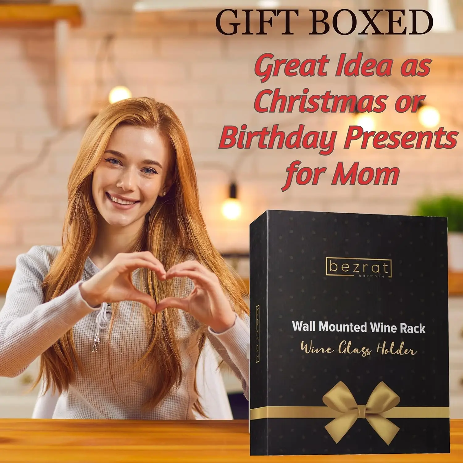 Wall Mounted Wine Rack - 4 Wine Glasses Included - Glasses & Bottle Gifts for Mom It's Moms Turn to