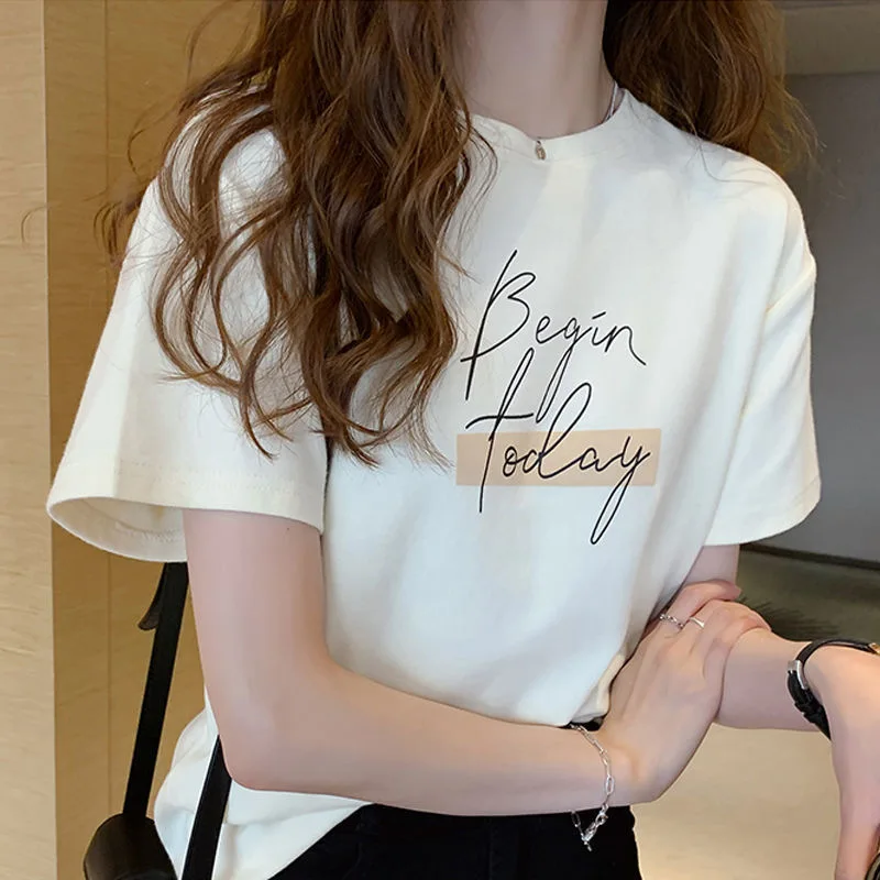 

Chic Style Woman T-shirts Letters Print Short Sleeve Round Collar T shirts Women Slim Fit Top for Women