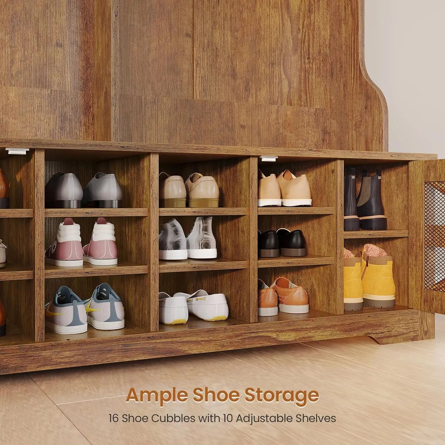 Hall Tree with Bench and Shoe Storage, 5-in-1 Entryway Bench with Coat Rack, 16 Shoe Cubbies & 12 Coat Hooks, Barn Door & Adjust