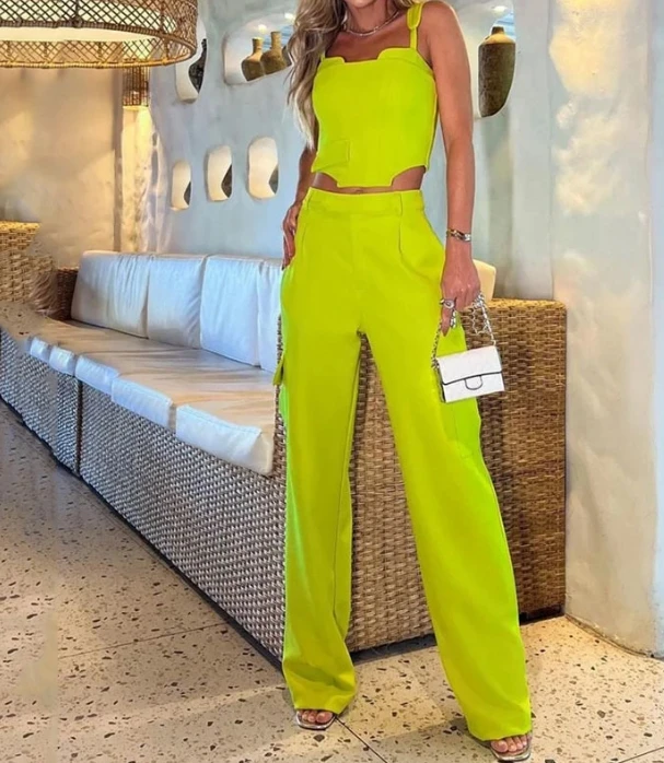 Leisure Style 2024 Summer Women's Set Solid Color High Waist Tight Tank Top Breaking Holes Temperament Set Wide Leg Pants
