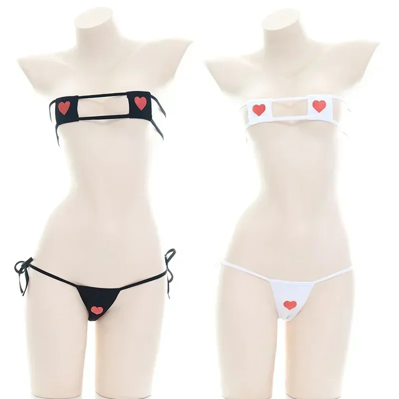 Japanese Lolita Kawaii Bra and Panty Set Women Girls Sexy Lingerie Mini Bikini Heart Bandage Anime Erotic Costume Underwear