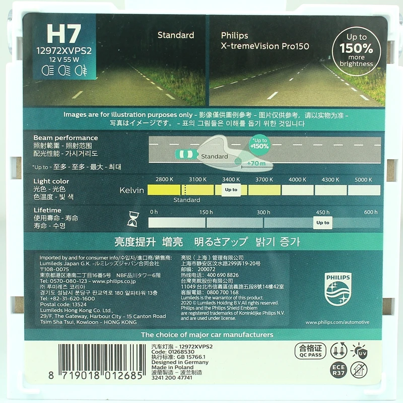 Philips H7 12V 55W X-treme Vision Pro150 Xenon White Light Halogen Headlight 150% Brighter Car Genuine Original Bulbs, 2X 2