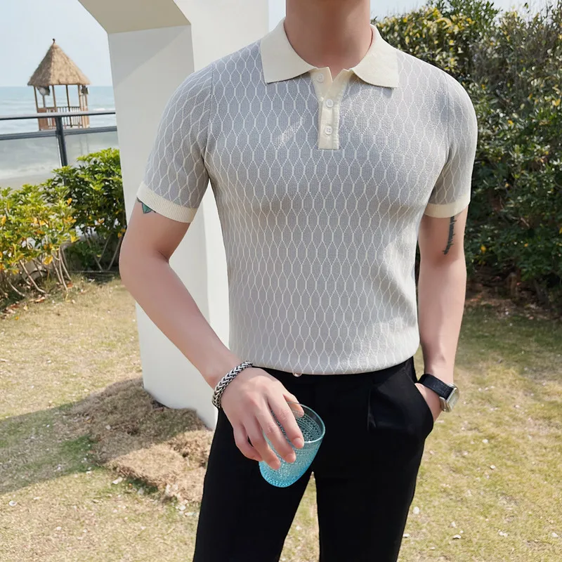 2023 Summer Diamond Plaid Knitted Polo Shirt Men's Ice Silk