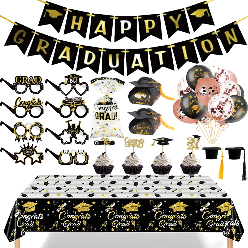 

Graduation Decorations Class of 2024 Congrats Grad Balloon Paper Banner Cake Topper Gift Box Graduation Season Theme Party Decor