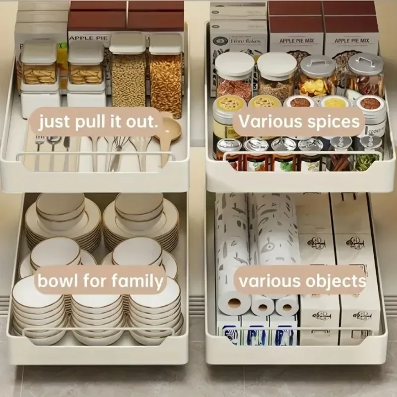 Multifunctional Storage Rack Pull Out Kitchen Drawer Type Kitchen Accessories Storage Tray with Slide Rails Spice Box