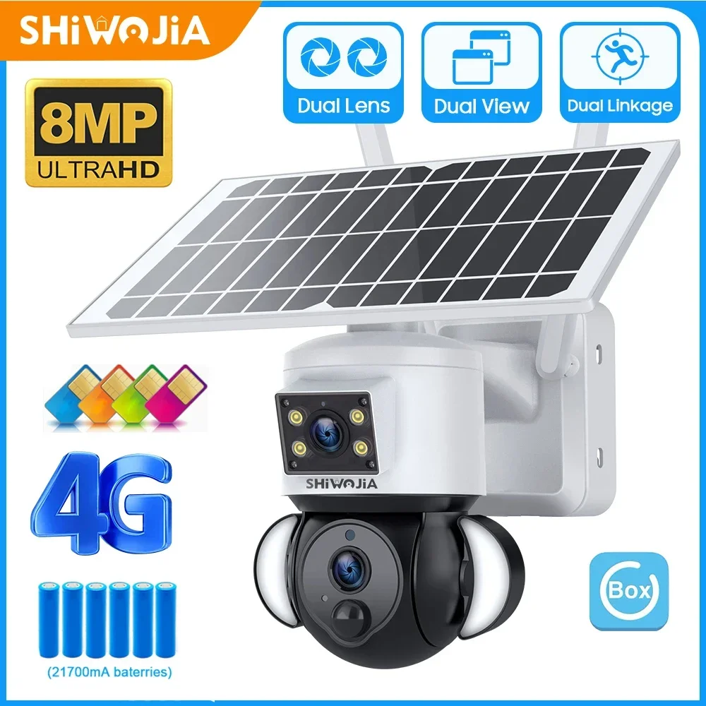 

SHIWOJIA 4K 8MP 4G SIM Solar Camera with 6W Solar Panel Security Cameras Humam Tracking Night Vision Solar Battery Surveillance