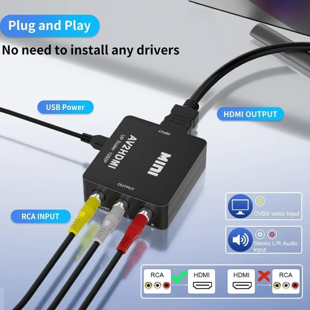 RCA to HDMI AV to HDMI Converter 1080P RCA Composite CVBS Video Audio Converter