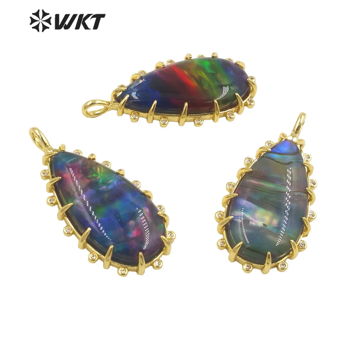 

WT-MP274 Wholesale Fashion Gold Bezel Long Teardrop Rainbow Shell With Claw Setting Charming Pendant for Necklace