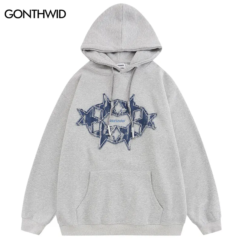 

Harajuku Star Hoodie Y2K Hip Hop Embroidery Retro Denim Patch Hooded Sweatshirt Streetwear 2023 Fashion Loose Pullover Hoodies