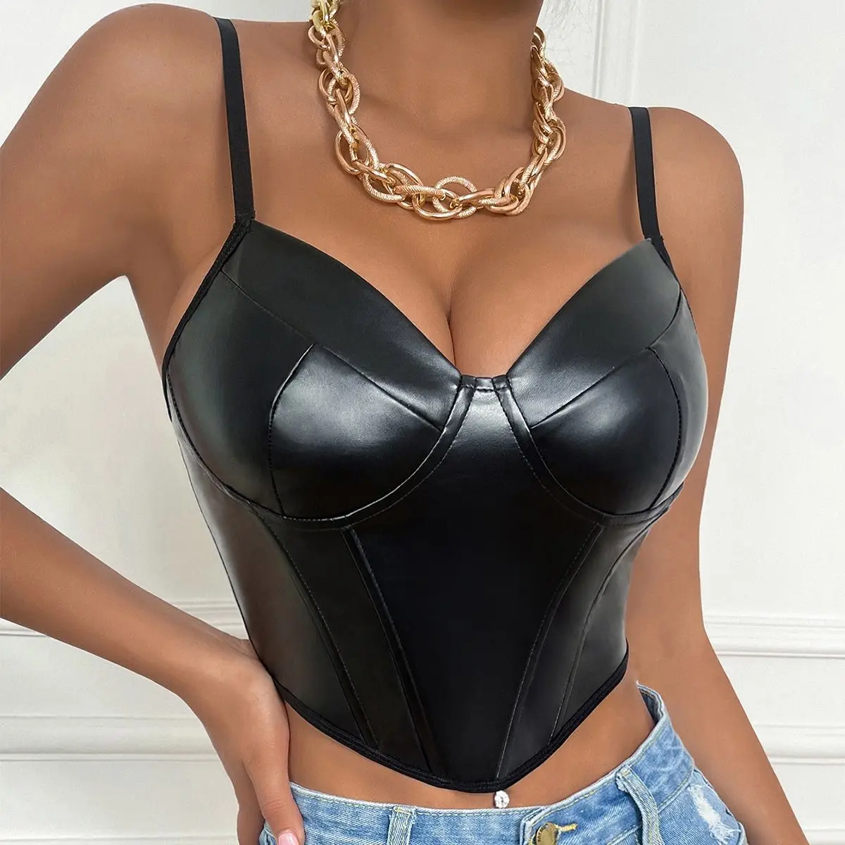 

Chuangermnew Leather Corset European and American Style Fashion Design Camisole Sexy Exposed Navel Low Cut Rhombus Slim