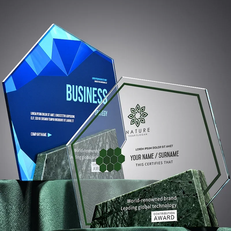 Customized Glass Trophy, Creative Company Annual Meeting Souvenir Awards, High-End Honor, Geometric Shape, Marble Crystal Trophy
