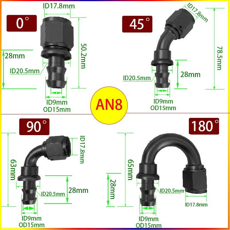 AN4/AN6/AN8/AN10/AN12 Push On Oil Fuel Line Hose End Fitting 0 45 90