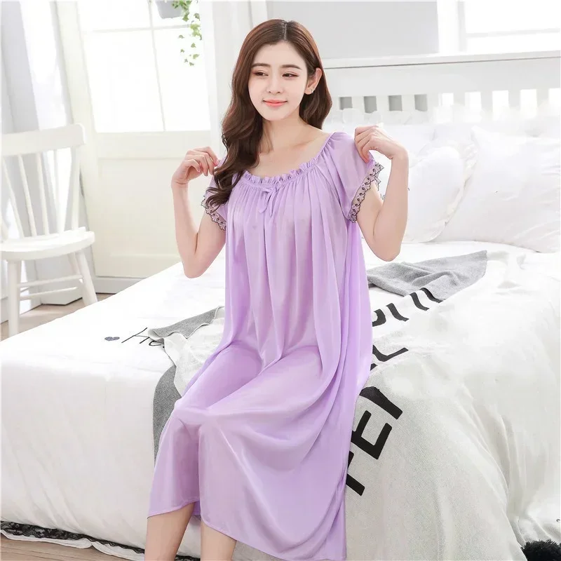 Long Nightdress Short Sleeve Loose Sleepswear New Hot Sexy Summer  Womens Solid Color Sleepshirt Home Clothing Lace Ice Silk