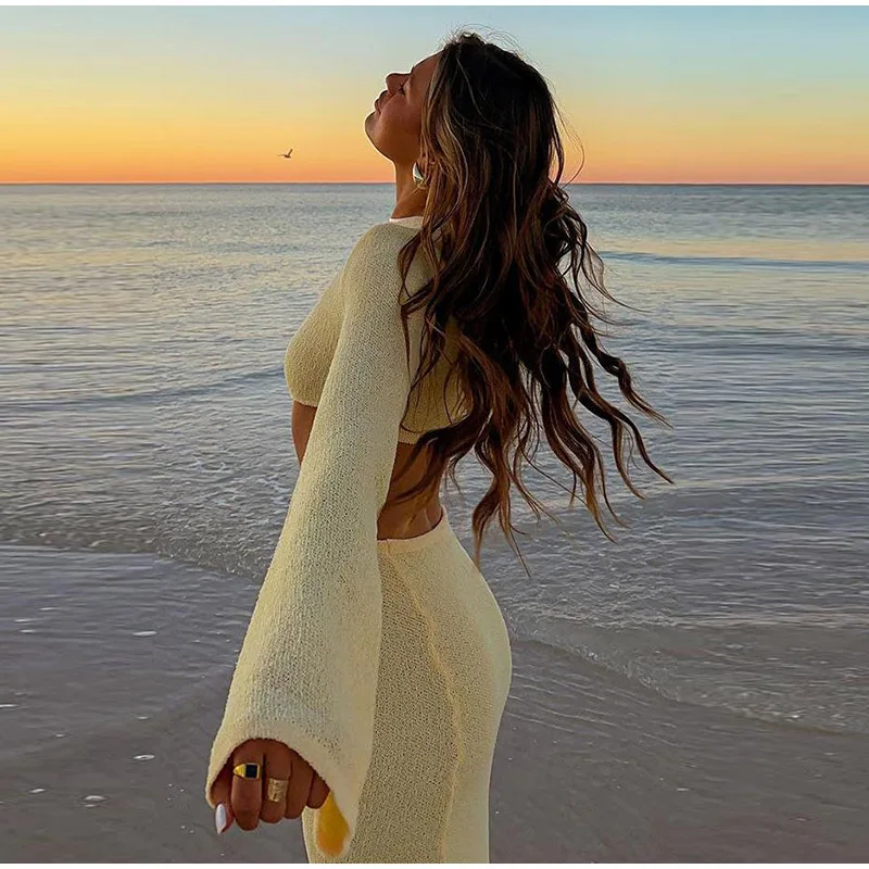 Sexy Knitted Hollow Out Long Dresses Women Casual Solid Slim Fit O-neck Slit Maxi Dress Sun Protection Female Summer Beach Party