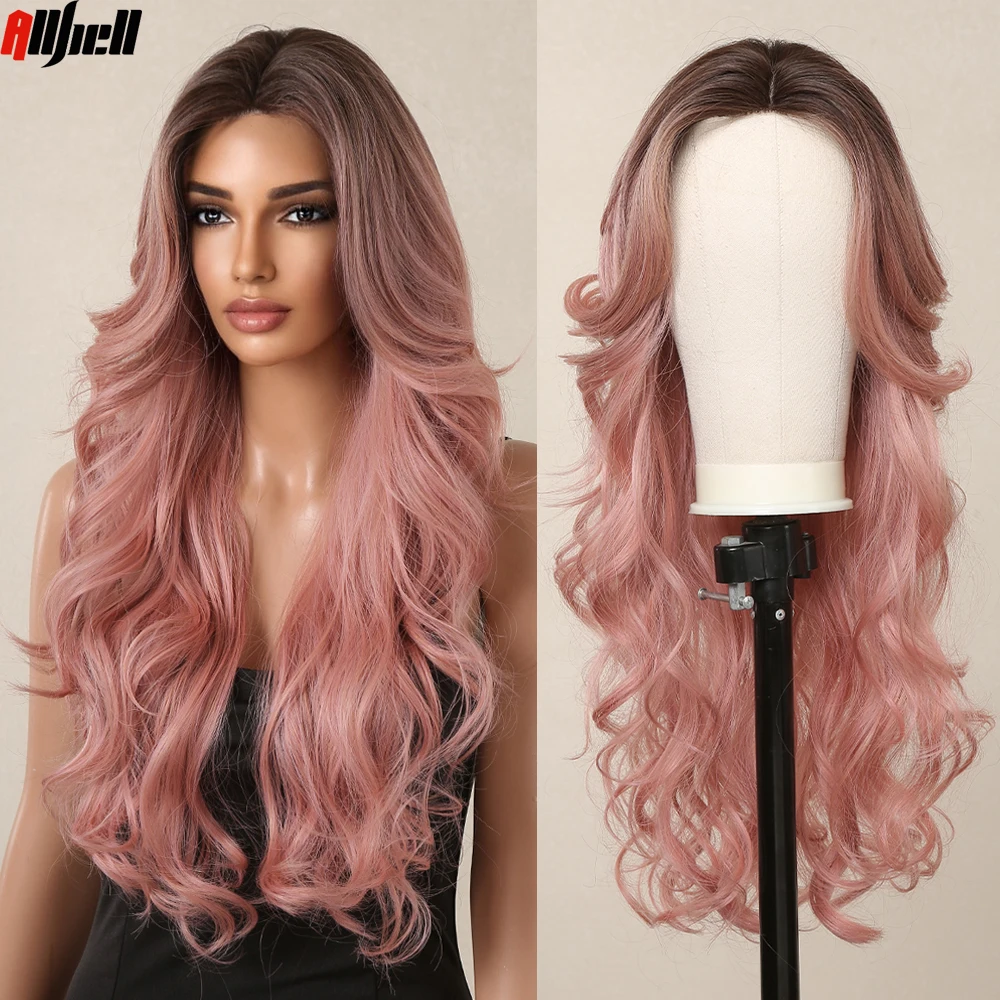 

Long Body Wavy Ombre Pink Brown Hairline Lace Synthetic Wigs Middle Part Hair for Women Wave Cosplay Daily Wig Heat Resistant