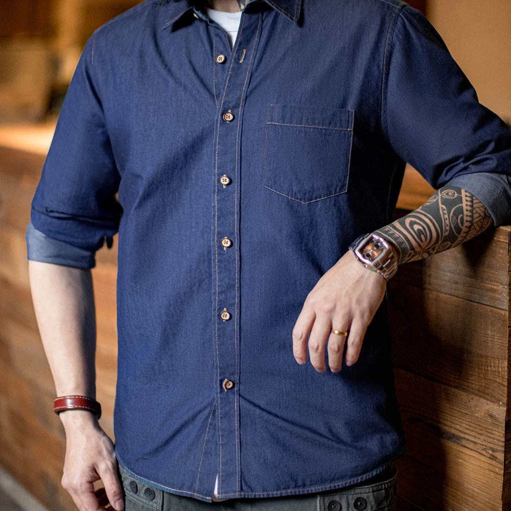 Maden Men Vintage Single Pocket Workwear Denim Shirt Long Sleeved Slim Fit Casual Shirt Single Breasted Turn-Down Collar Blouse denim shirt long sleeved shirt