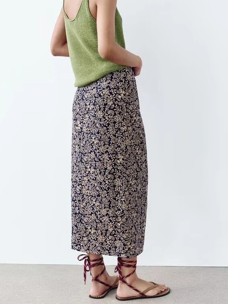 TFMLN New Women's Print Linen Skirt 2024 Vintage Holiday Style Zipper Straight Midi Skirts for Women