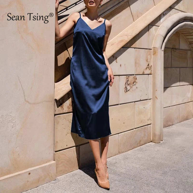 Satijnen zomerjurk spaghettibandjes v-hals backless lange jurken