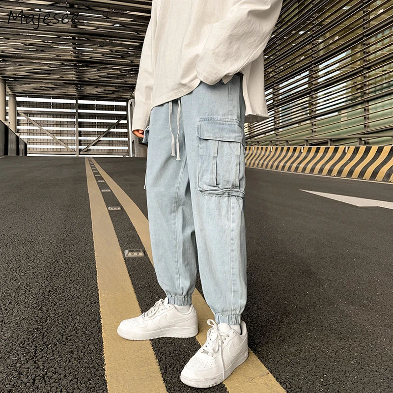 

Jeans Men Cargo Elastic Waist Multi Pockets Trouser Ulzzang Handsome High Street Fashion All-match Teens Casual Baggy Autumn New