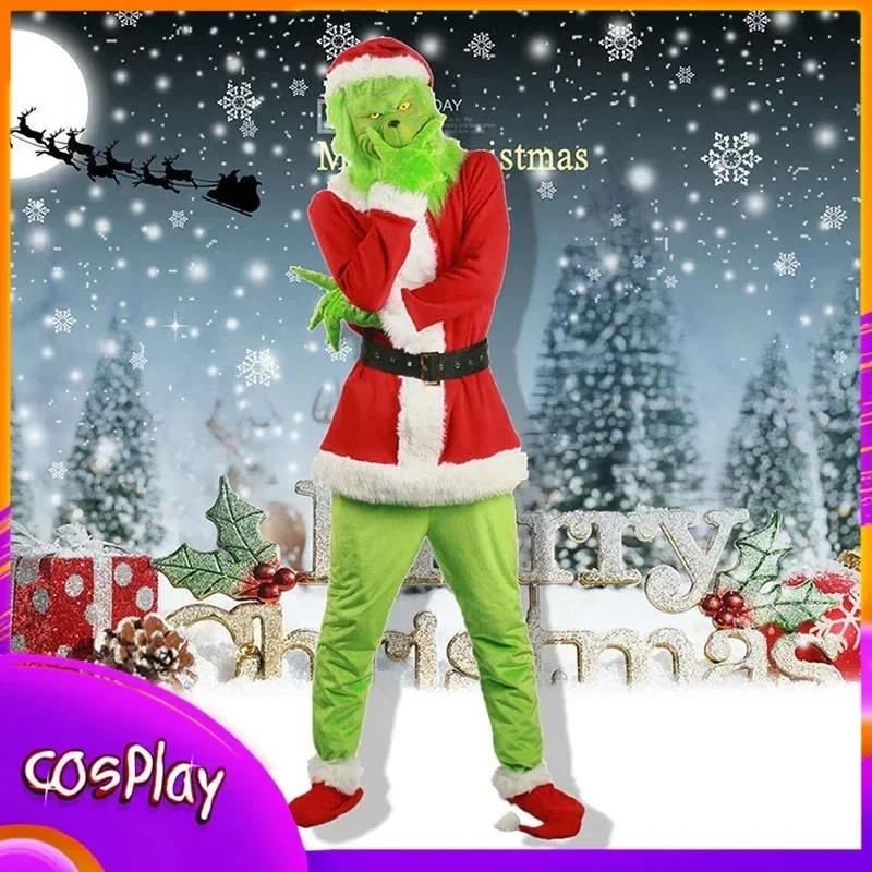 

2024 New Christmas Green Monster Cosplay Costumes X-Mas Attire Clothing Halloween Comic-Con Carnival Clothing Outfit Props Gifts