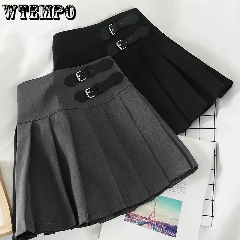 

Preppy Style Pleated Skirt Women High Waist A-word Metal Buckle Side Invisible Zipper Built in Shorts Korean Fashion Spring Fall