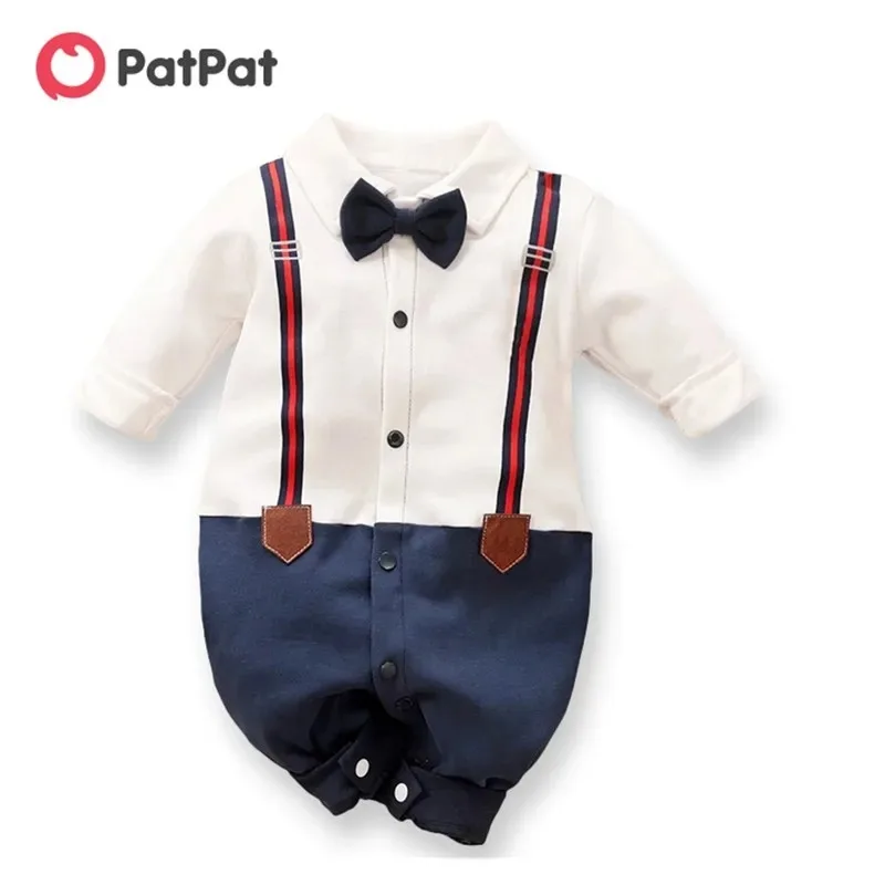 PatPat 100% Cotton Romper Baby Color Block Boy Imitation Long Sleeve Gentleman Lapel Bow Tie Long-sleeve Jumpsuit Baby Clothes