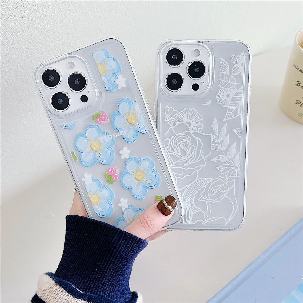 Coque de téléphone à fleurs mignonnes de style coréen INS pour iPhone 15 14 12 13 11 Pro Max 14Plus 15Plus en silicone souple transparent résistant aux chocs_voghion.com
