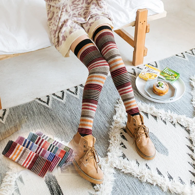 

Autumn And Winter Cashmere Striped Over Knee Women's Thickened Warm Kneecap Long Tube Leg Protector Wool Leg Cover Pile Up Socks