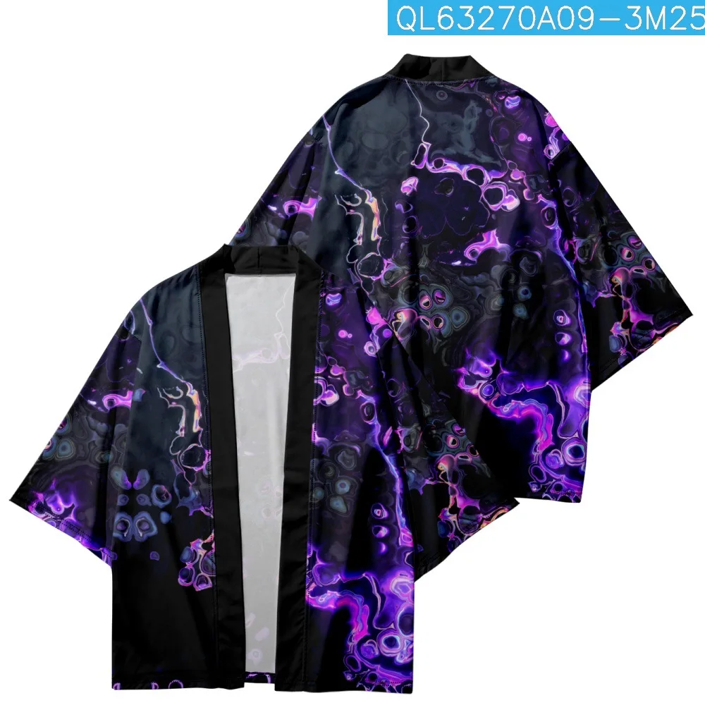Black Kimono Cosplay Samurai Purple Flames Print Haori Women Men Cardigan Yukata Costume Japanese Streetwear Traditional Clothes