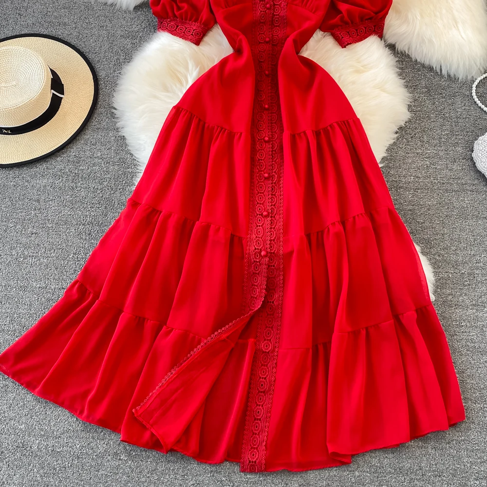 New Women Vintage Party Dress Summer Puff Sleeve Sexy V Neck Lace Single-breasted Long Dresses Ladies A Line Elegant Long Robe