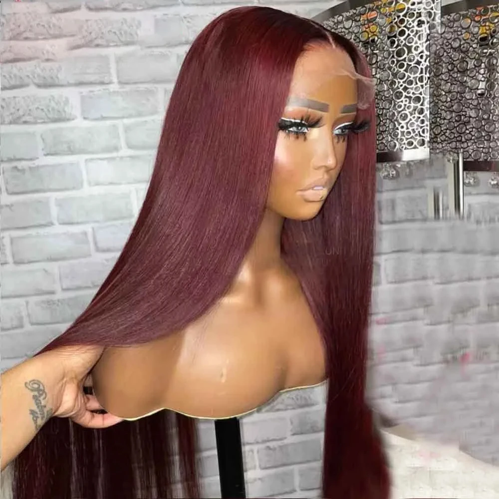 

Middle Part Straight Burgundy 99J Red Synthetic Lace Front Wig For Black Women Baby Hair Soft Glueless Preplucked Heat Resistant