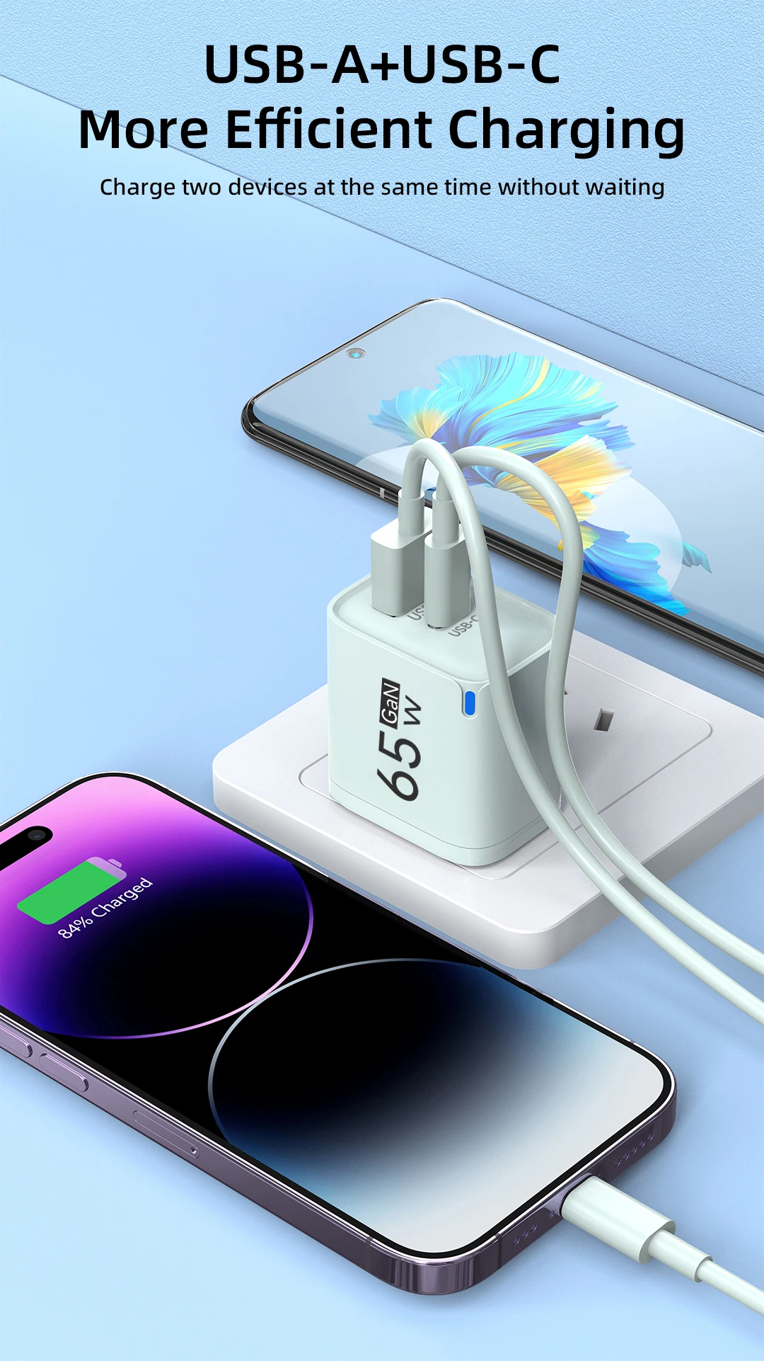 65W GaN USB-C Ladegerät mit 3 Anschlüssen, Schnellladung für Mobiltelefone, QC3.0 Wandadapter für iPhone 16 17 Samsung Xiaomi Huawei, EU US UK Stecker – Detail 5