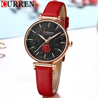 CURREN Women Watch Top Brand Luxury Female Waterproof Clock Red Genuine Leather Bracelet Fashion Flower Ladies Wristwatch 9078 1