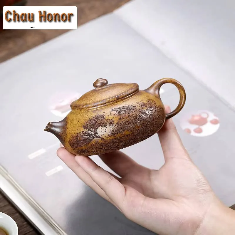 180ml Ancient Yixing Purple Clay Teapots Handmade Fish Play Pot Raw Ore Wood-fired Section Mud Kettle Zisha Tea Set Collection