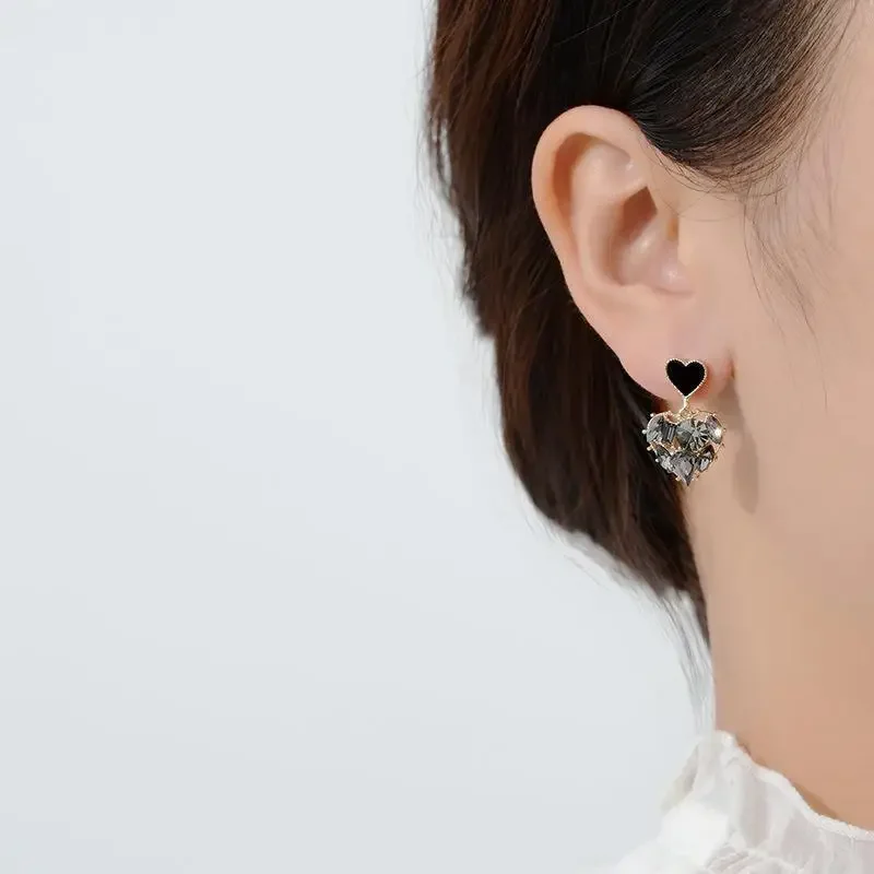 Dangle Earrings Black Rhinestones Double Heart Dripping For Women Fashion Vintage