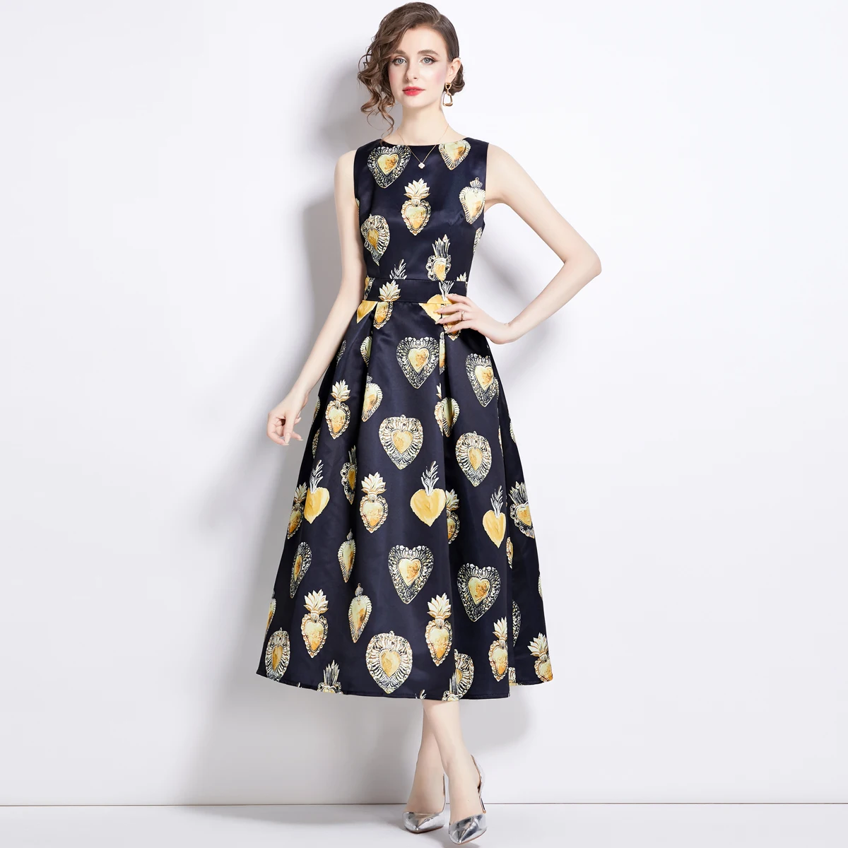 

ZJYT Runway Designer Summer Tank Dress Women 2024 Fashion Sleeveless Print Vintage Midi Dresses Casual Aline Sundress Black Robe