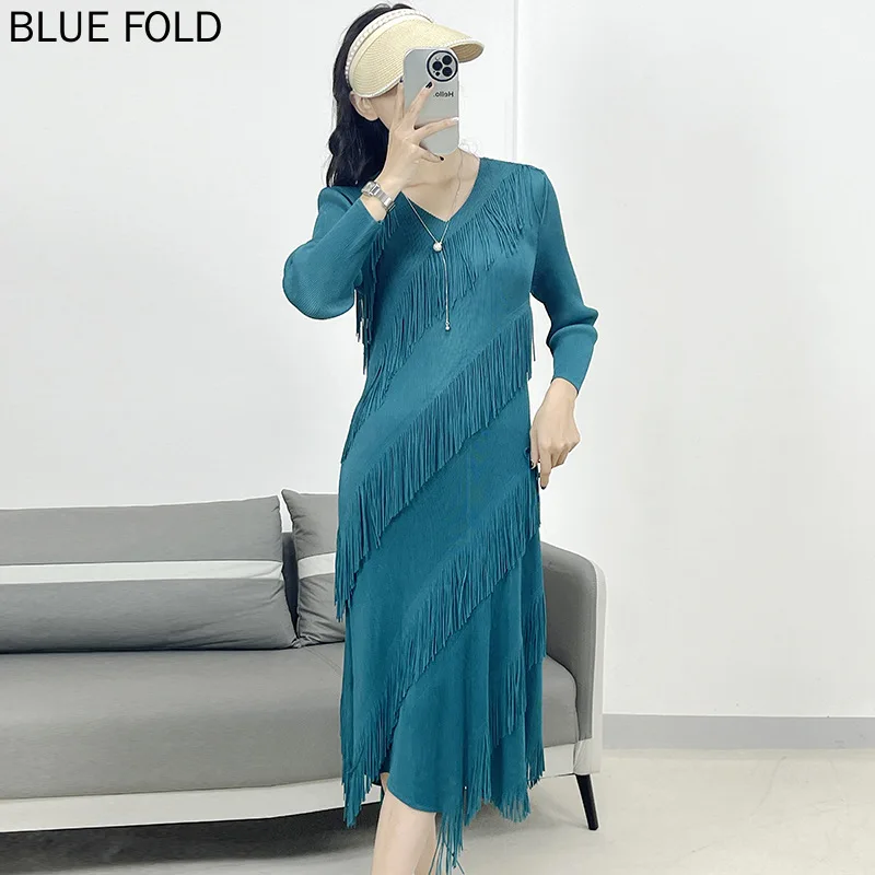 

2024 New Miyake Casual Dress Women's Pleated Tassel Loose Large Size Long Dress Women's Fit Slim Pleats Clothes Elegant Vestido