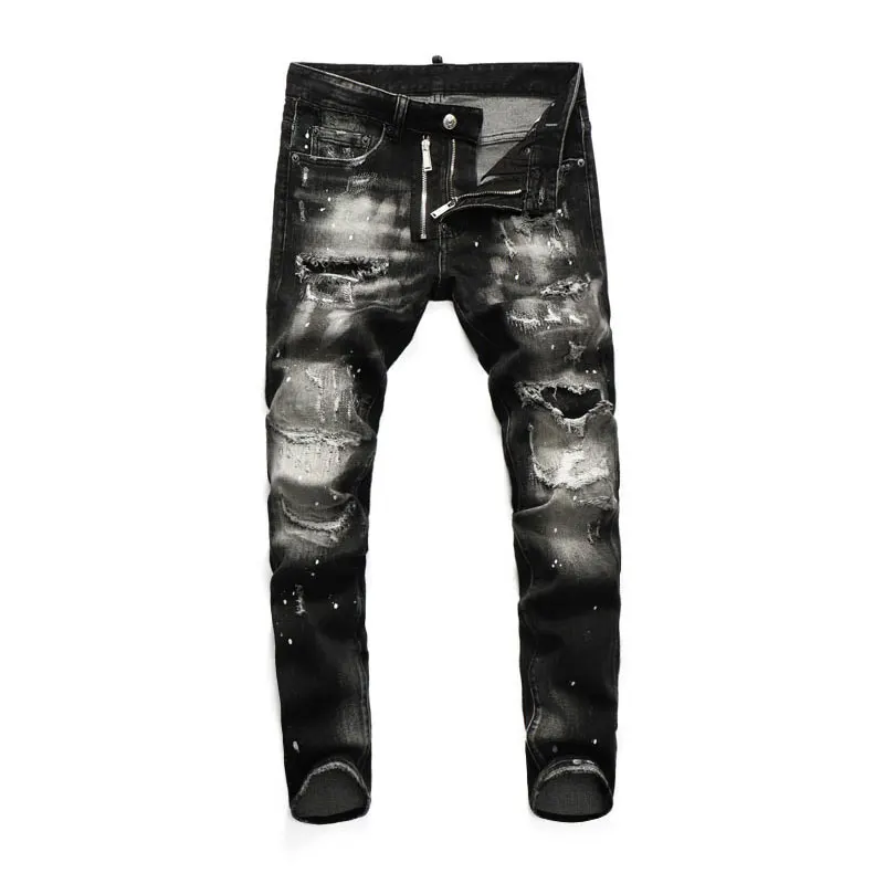 Street Fashion Men Jeans Retro Black Gray Stretch Slim Fit Patched Ripped Jeans Men Painted Designer Hip Hop Brand Pants Hombre