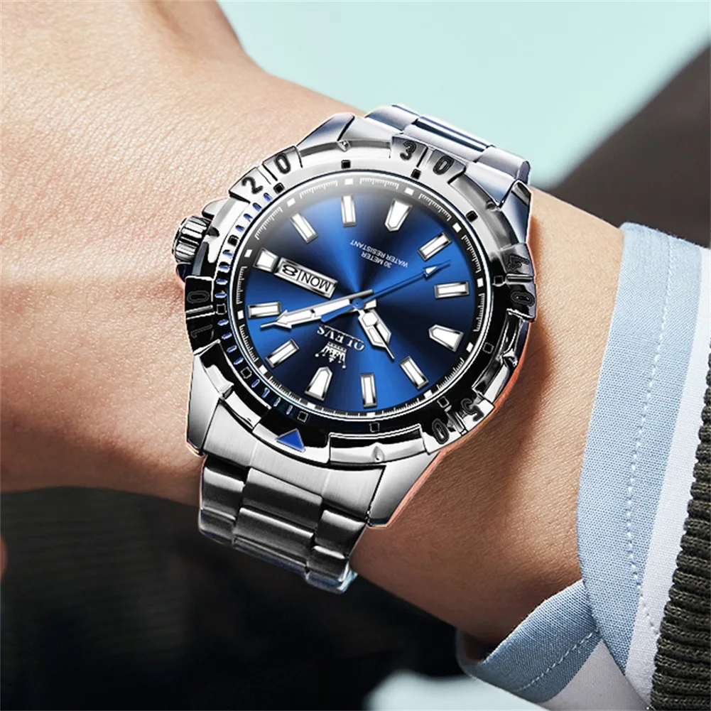 OLEVS Original Watch for Men Luxury Waterproof Green Dial Luminous Stainless Steel Classic Quartz Analog WristWatches Date Week