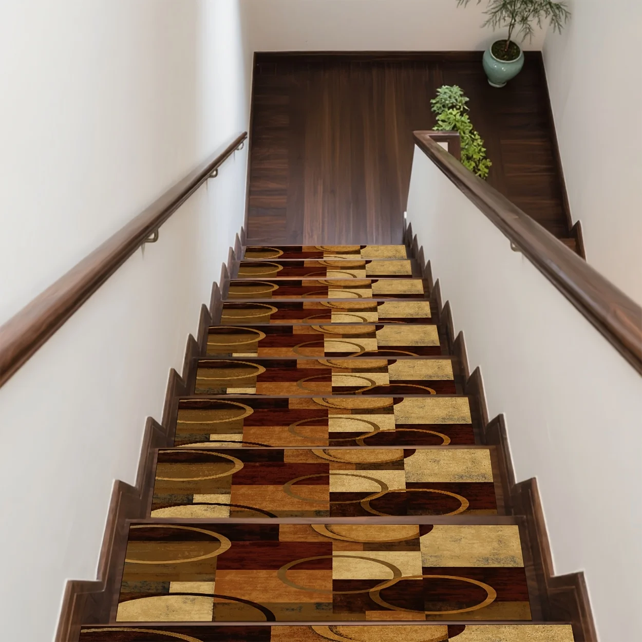 1/7/15PC 브라운 기하학적 원형 링 접합 장식 프린트 매트, 8x30인치 계단 카펫, 청소가 쉬운 엣지 계단 매트