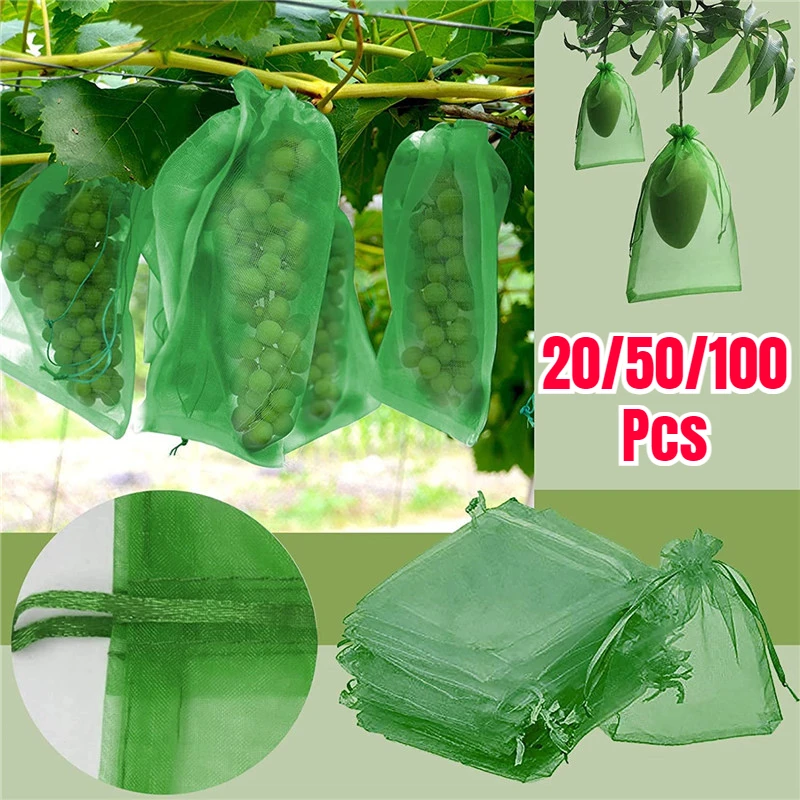 

20-100pcs Strawberry Grapes Fruit Grow Bags Netting Mesh Vegetable Plant Protection Bags for Pest Control Anti-Bird Garden Tools