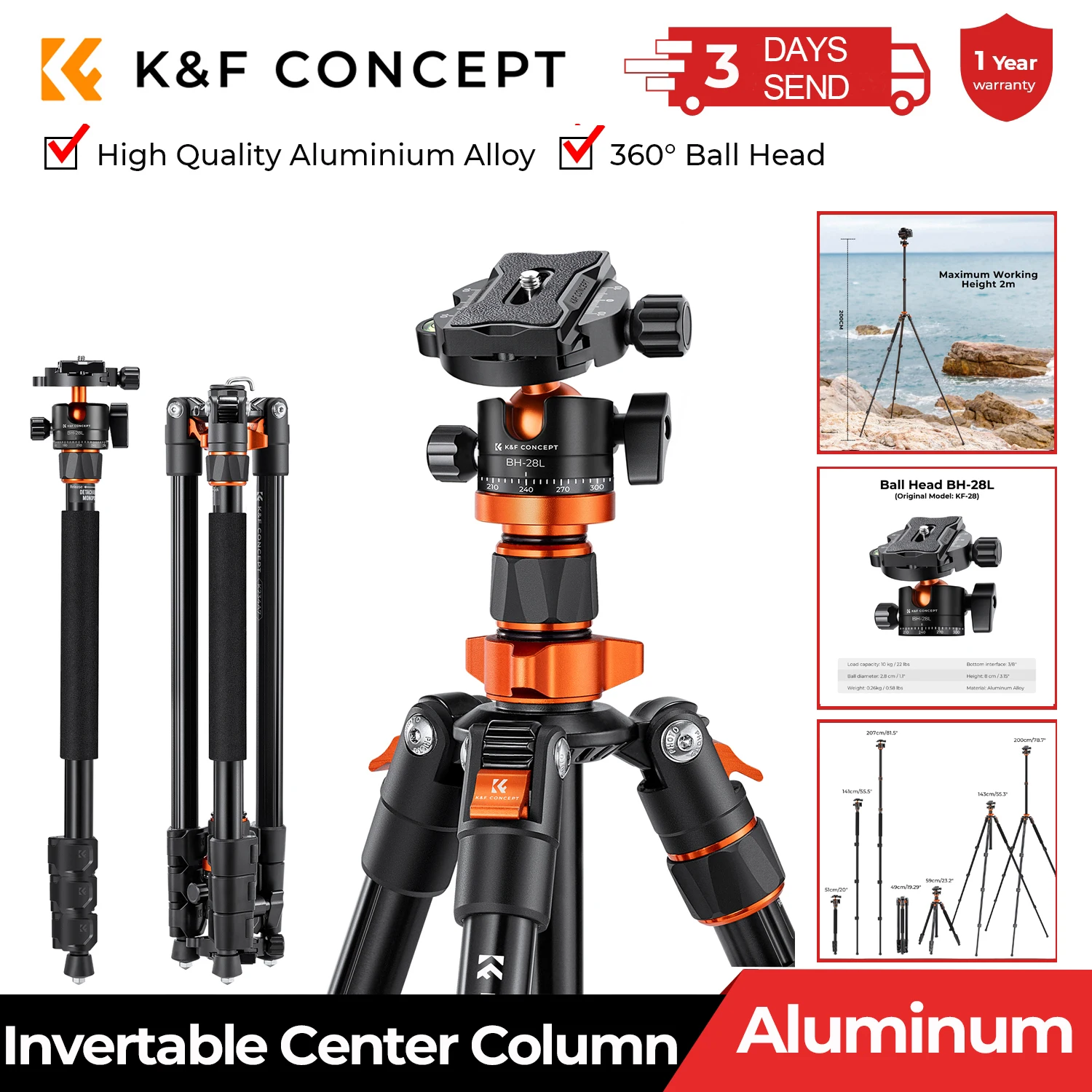 K & f concept 80.7インチカメラ三脚 (dslrコンパクト