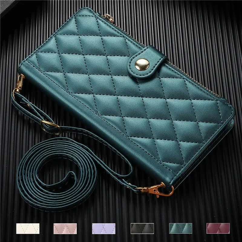 Rhombus Grid Flip Wallet Phone Case with Long Hanging Rope