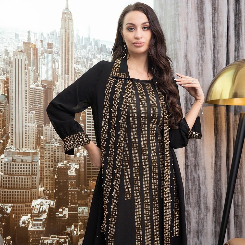 Fridayin Muslim Ramadan Elegant Contrast Color Bead Decorated Long Sleeve Party Women's  Long Skirt and Jacket Two Piece Set