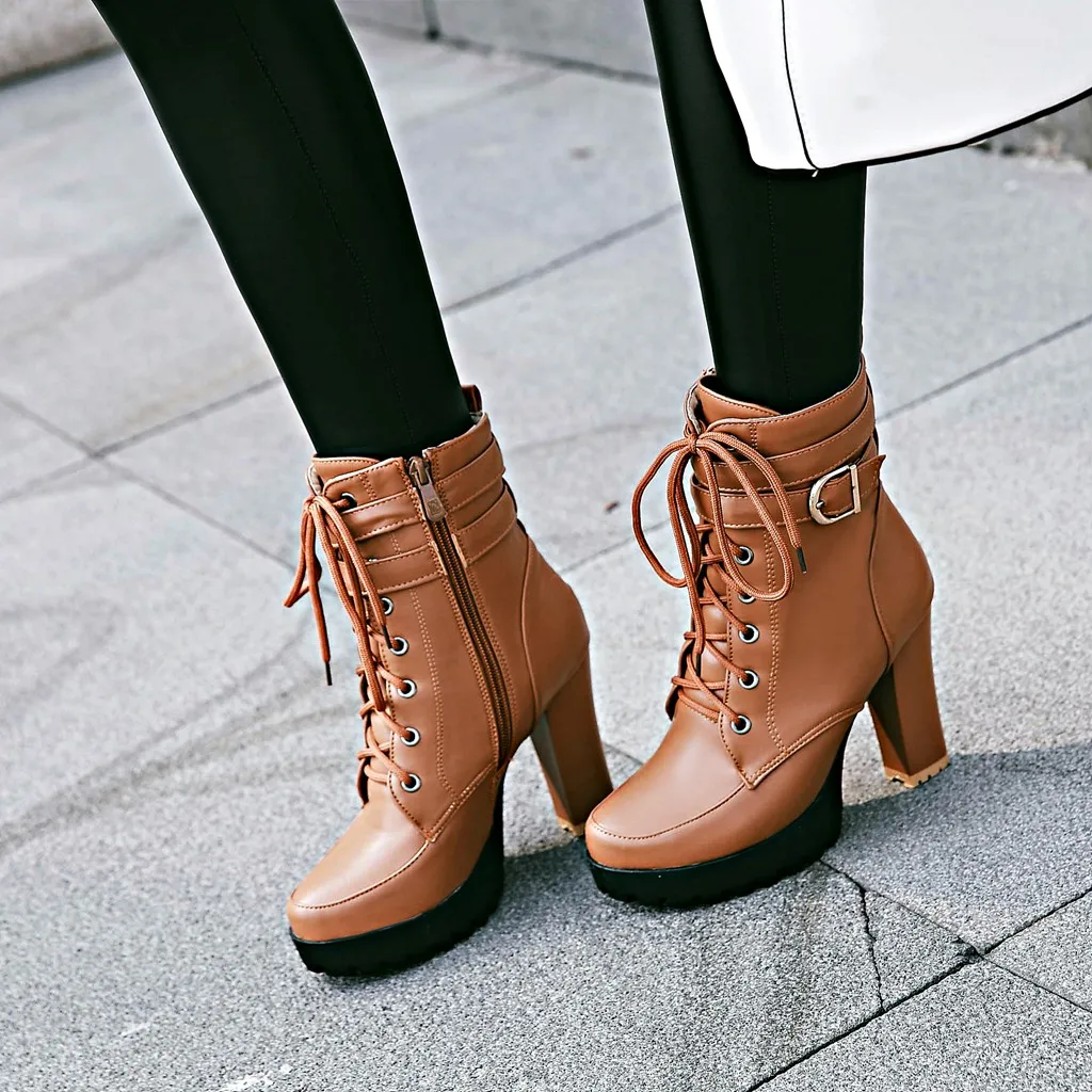 

2022 Winter 10.5CM Chunky Heels Female White Waterproof Ankle Boots Zipper Ladies Brown Short Boots New Big Size 40 41 42 43