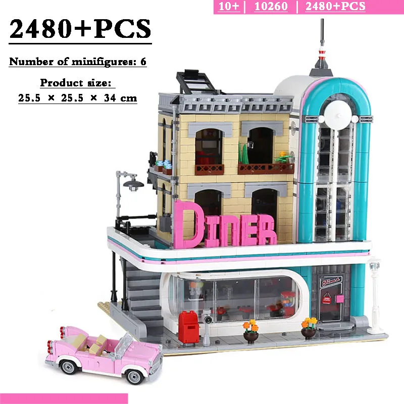 

Downtown Dinner Restaurant Street View Model 15037 Moc Blocks 2480 Pieces Compatible with 10260 Kids Toys Christmas Gifts